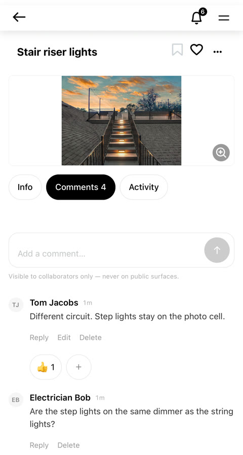 A comment thread on the Stair riser lights item — the electrician asks whether the step lights share a dimmer, and the answer sits right on the item.