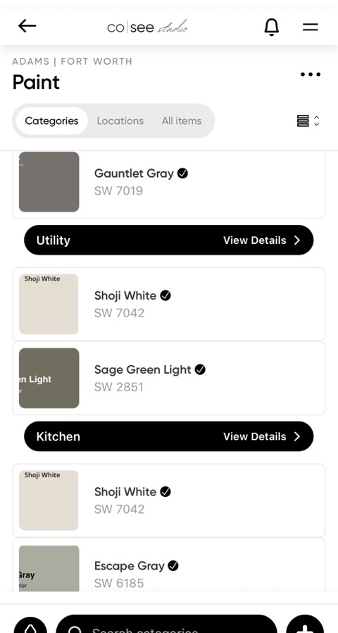 The Paint category in Co|See — every color with its Sherwin-Williams number and its sign-off check.
