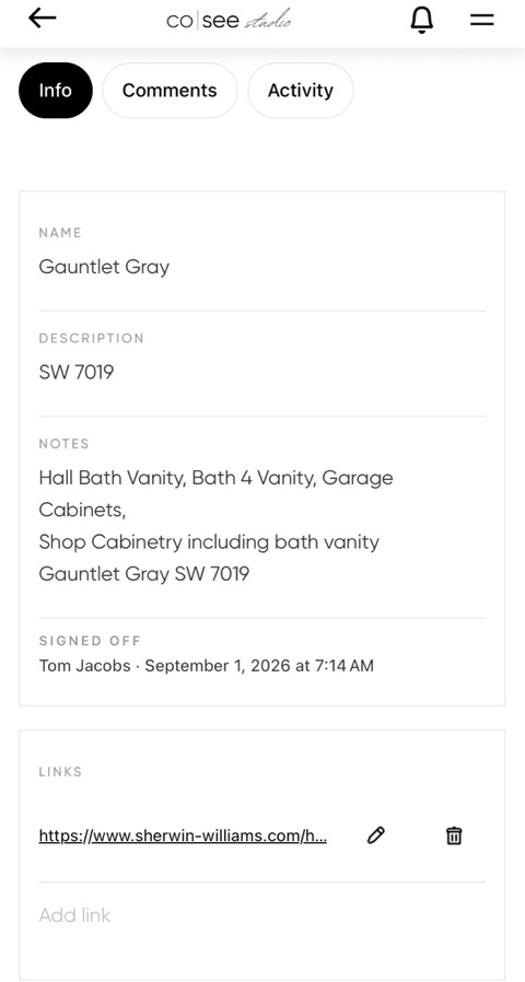 The Gauntlet Gray item — SW 7019, hall bath vanity, bath 4, garage and shop cabinetry, signed off with a link to the chip.