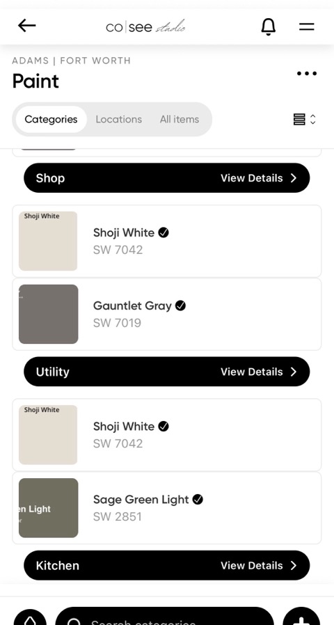 The project's paint colours in Co|See, grouped by room — Shop showing Shoji White and Gauntlet Gray, each with its Sherwin-Williams number and sign-off.