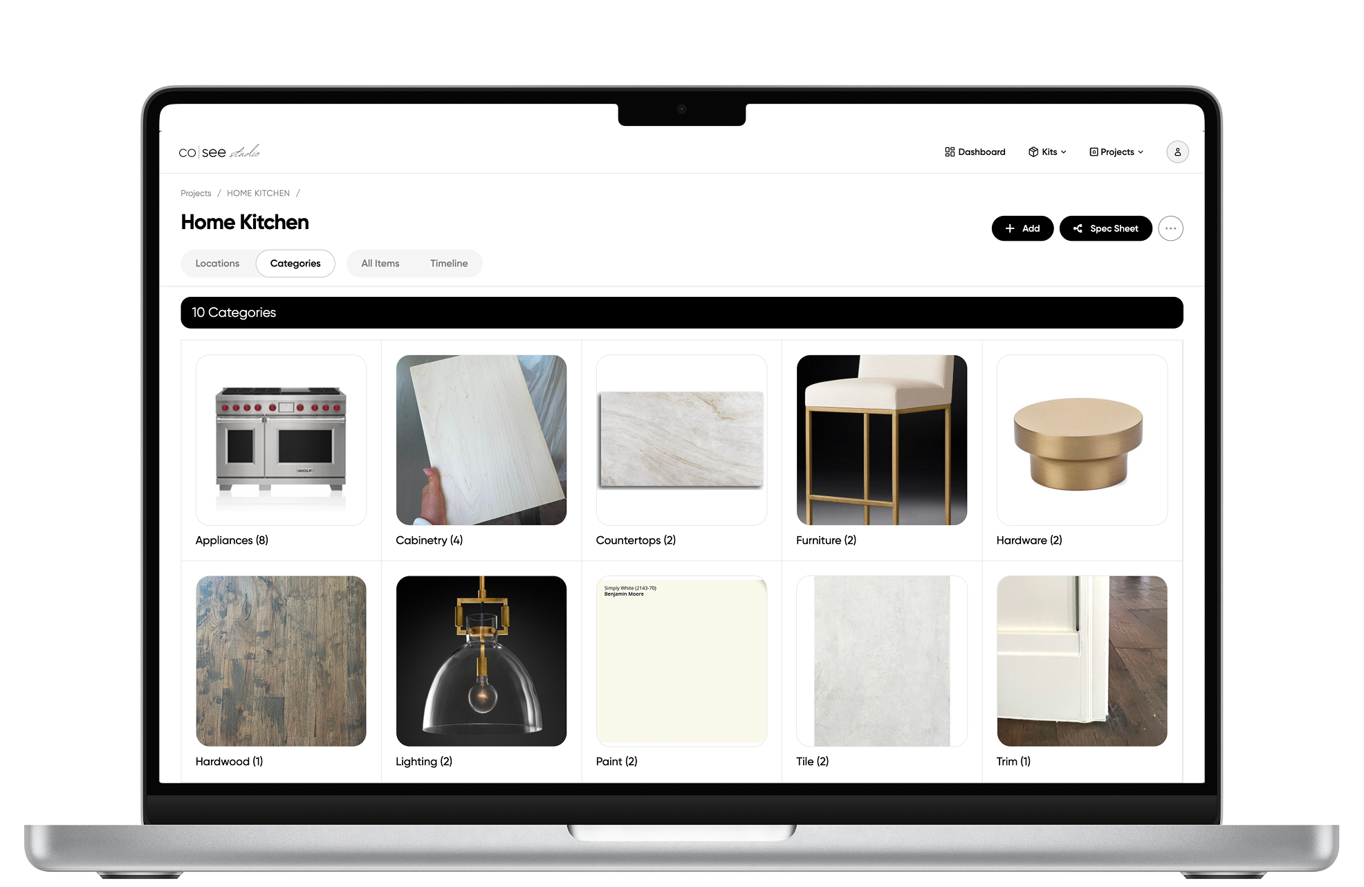 Cosee Studio Categories view — every selection, photo, and note from a project laid out as a designer's flat-lay