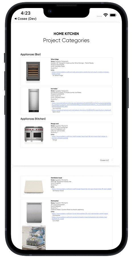 Spec sheet on mobile — product details, dimensions, and installation notes for the field
